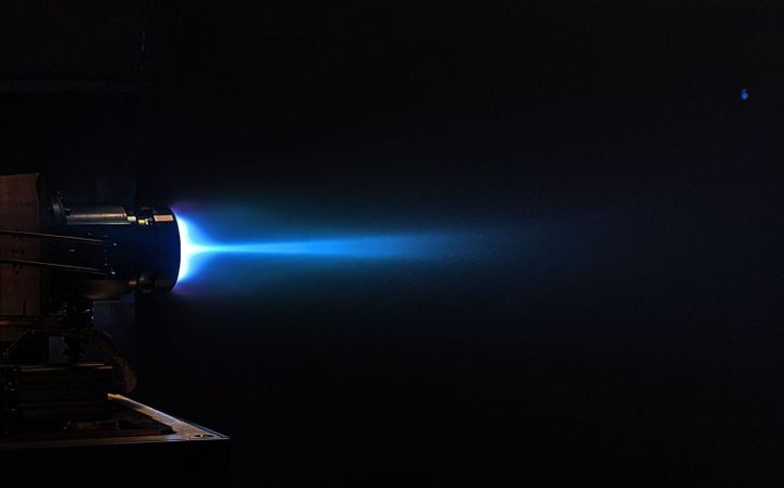 Astra's Spacecraft Engine firing in a vacuum chamber for development, testing and qualification.