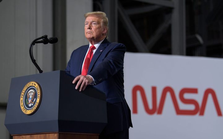 Trump speaks on stage following the launch of Demo-2 in 2020. ©NASA