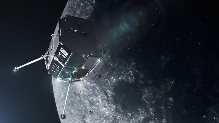 A render of the Hakuto-R lander in lunar orbit. ©ispace