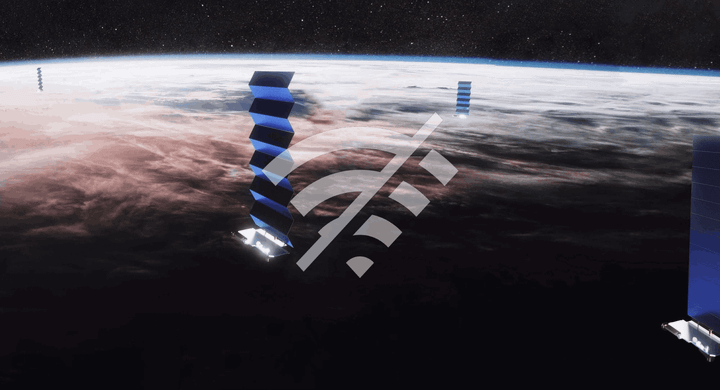 Starlink satellites deploying their solar panels, with a no internet symbol. ©SpaceX, edited by Proxima Report