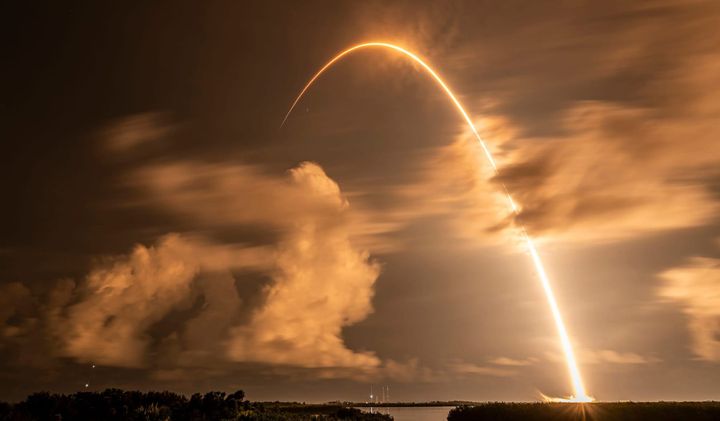 A long exposure photo of Falcon 9 flying on August 28th 2025. ©SpaceX