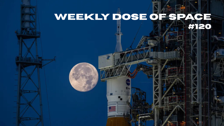 The Space Launch System and the Orion Spacecraft sitting on their launch pad with the Moon in the foreground.