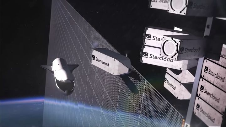 Render of a Starship-esque vehicle delivering Nvidia graphics cards to an orbital data center