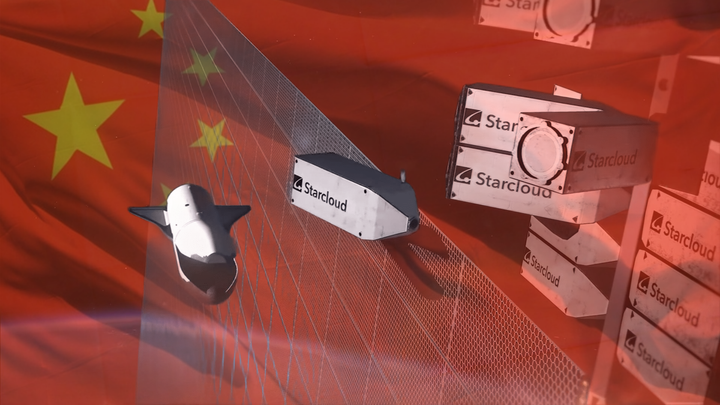 A render of Starcloud's concept of an orbiting data center, with China's flag superimposed. ©Starcloud