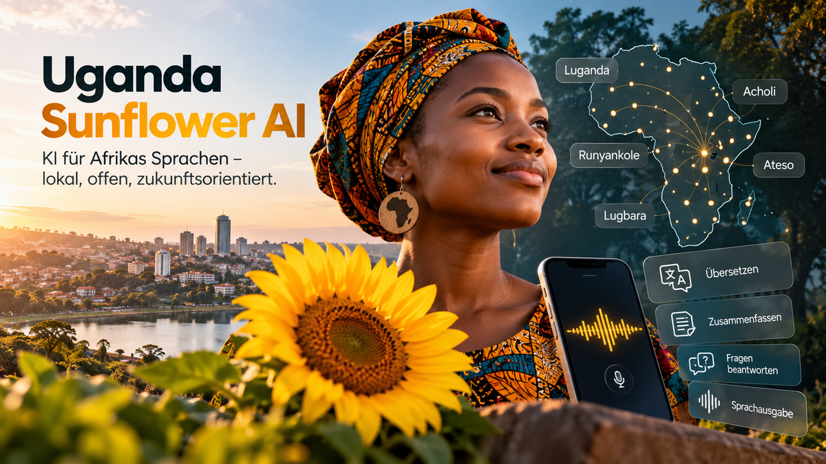 Frau vor Kampala mit Sonnenblume und Smartphone, daneben eine Afrikakarte mit Sprachen wie Luganda, Acholi und Ateso