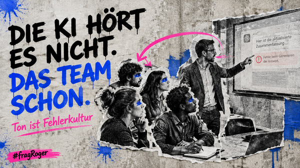 Collage: Eine Führungskraft korrigiert eine KI am Bildschirm, das Team schaut zu. Schriftzug: Die KI hört es nicht. Das Team schon.