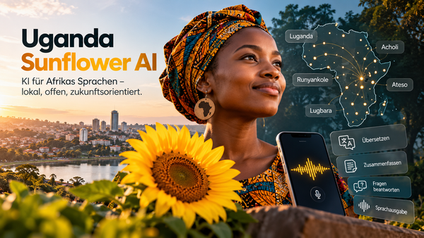Frau vor Kampala mit Sonnenblume und Smartphone, daneben eine Afrikakarte mit Sprachen wie Luganda, Acholi und Ateso