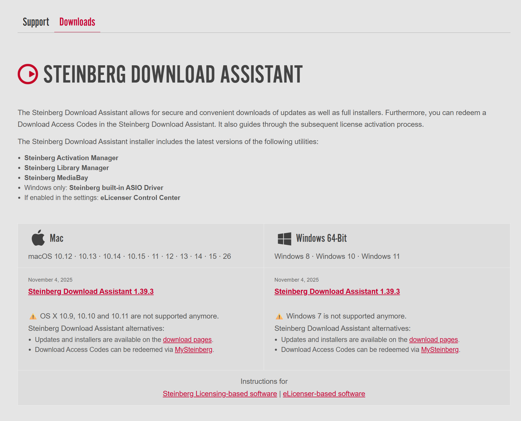 Steinberg Download Assistant 官方下載頁,Mac 與 Windows 版本