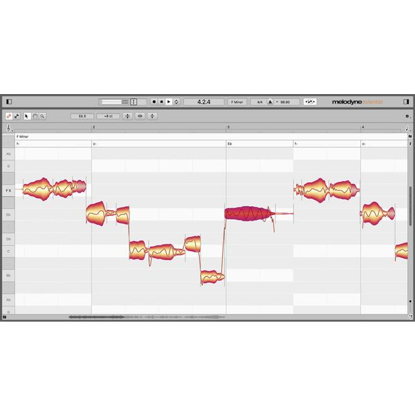 Melodyne essential 編輯畫面：音符顯示為可拖曳的音團