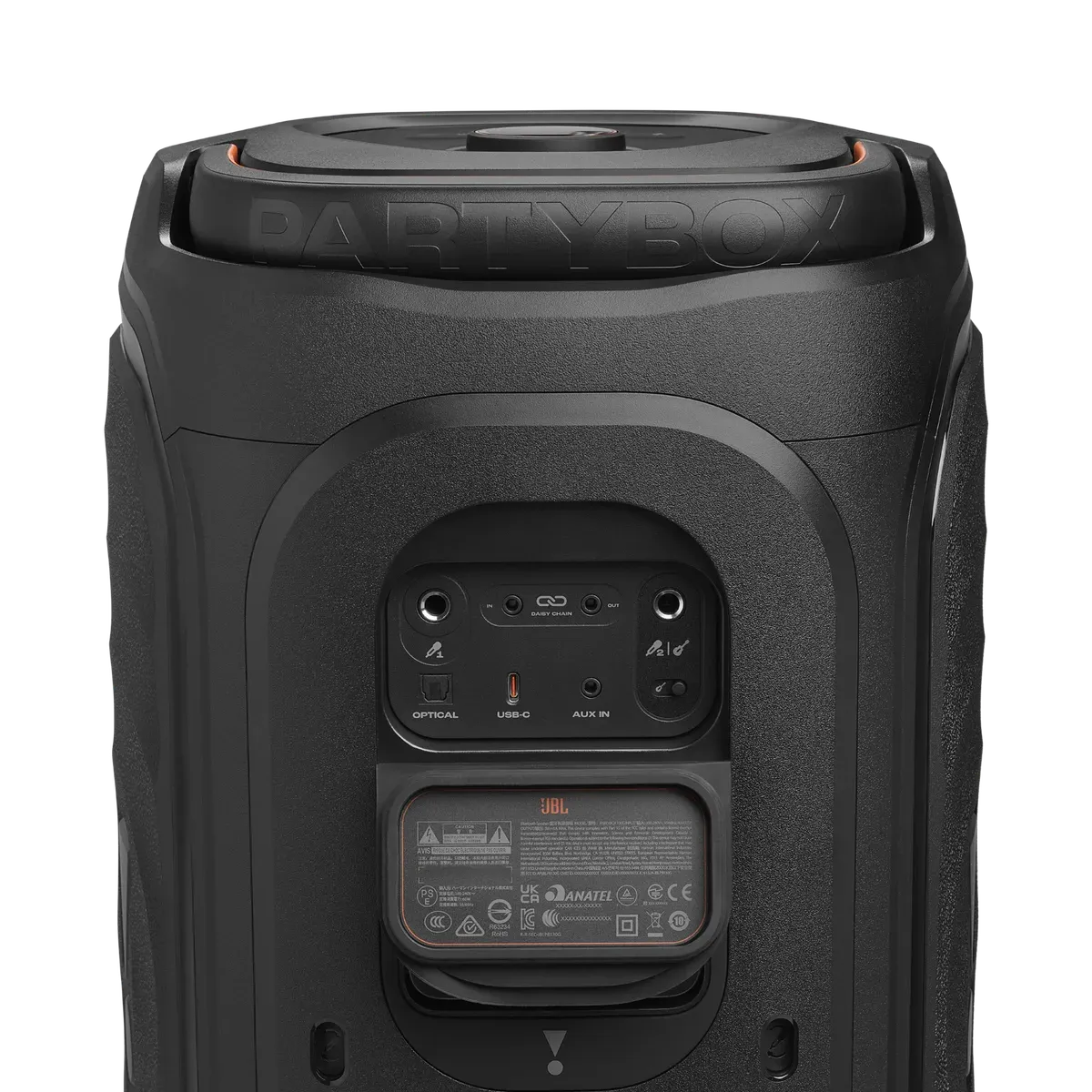 JBL PartyBox 130 背板接口：光纖、USB-C、AUX IN、雙麥克風與吉他輸入、Daisy Chain