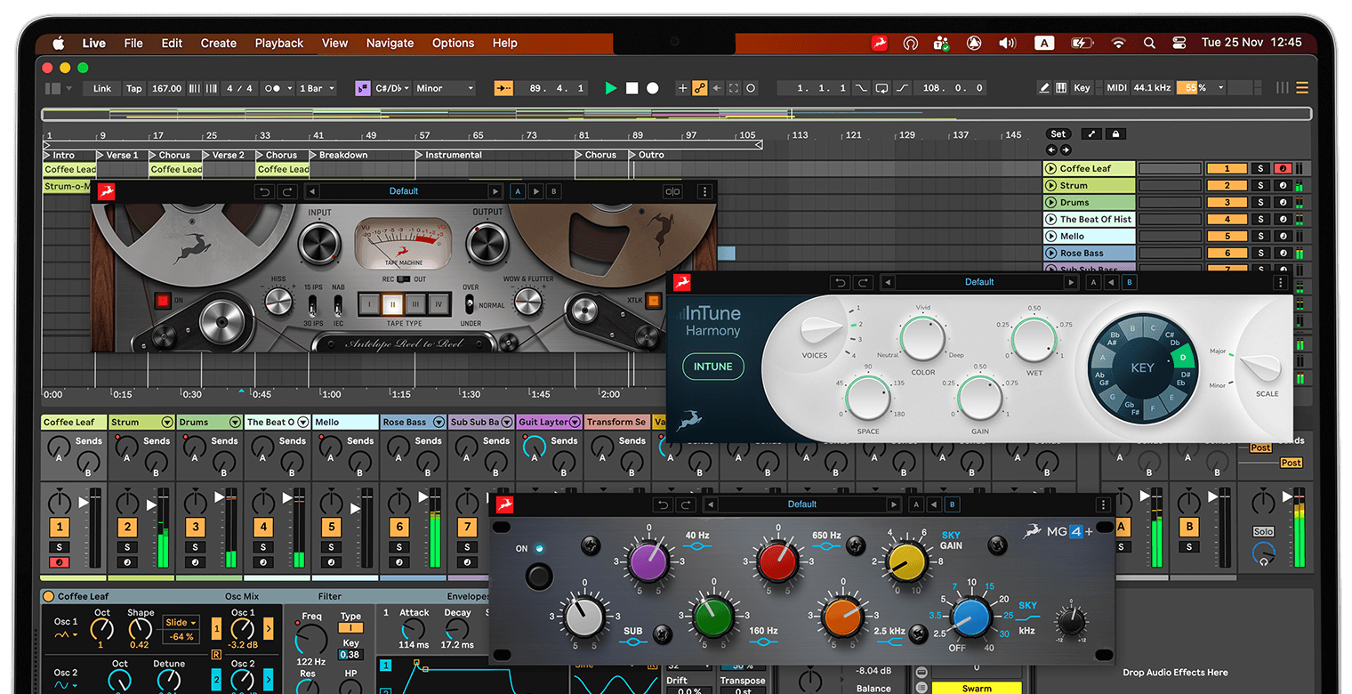 Antelope Cosmos 外掛在 DAW（Ableton Live）裡開啟的畫面：Reel to Reel 盤帶機、InTune Harmony 音準修正與 Sky EQ