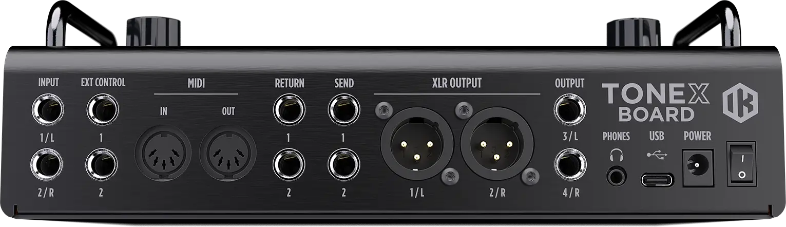 TONEX Board 背面接口：INPUT 1/L 與 2/R、兩個 EXT CONTROL、MIDI IN 與 OUT、SEND 與 RETURN、兩個 XLR 輸出、TRS 輸出 3/L 與 4/R、耳機孔、USB-C 與電源