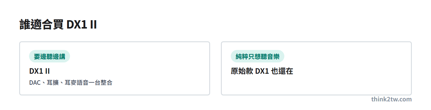 要邊聽邊講選 TOPPING DX1 II，純粹聽音樂原始款 DX1 也還在