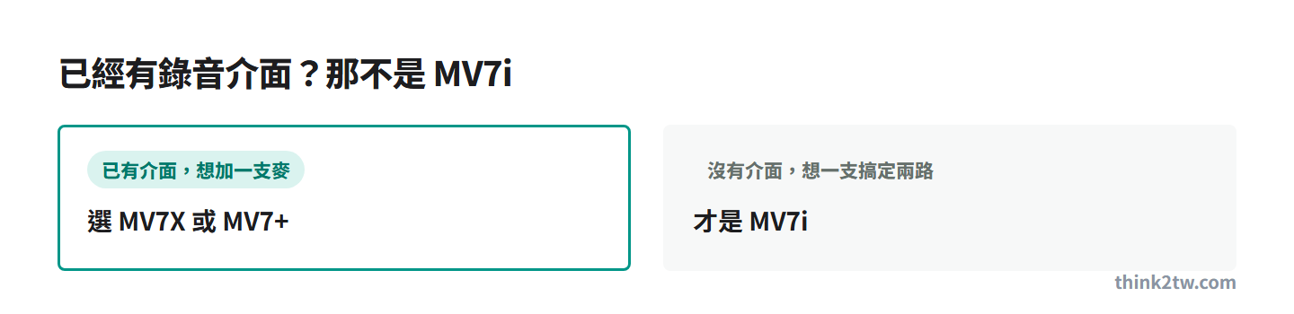 已有錄音介面想加麥克風選 MV7X 或 MV7+,沒有介面想一支搞定兩路才是 MV7i