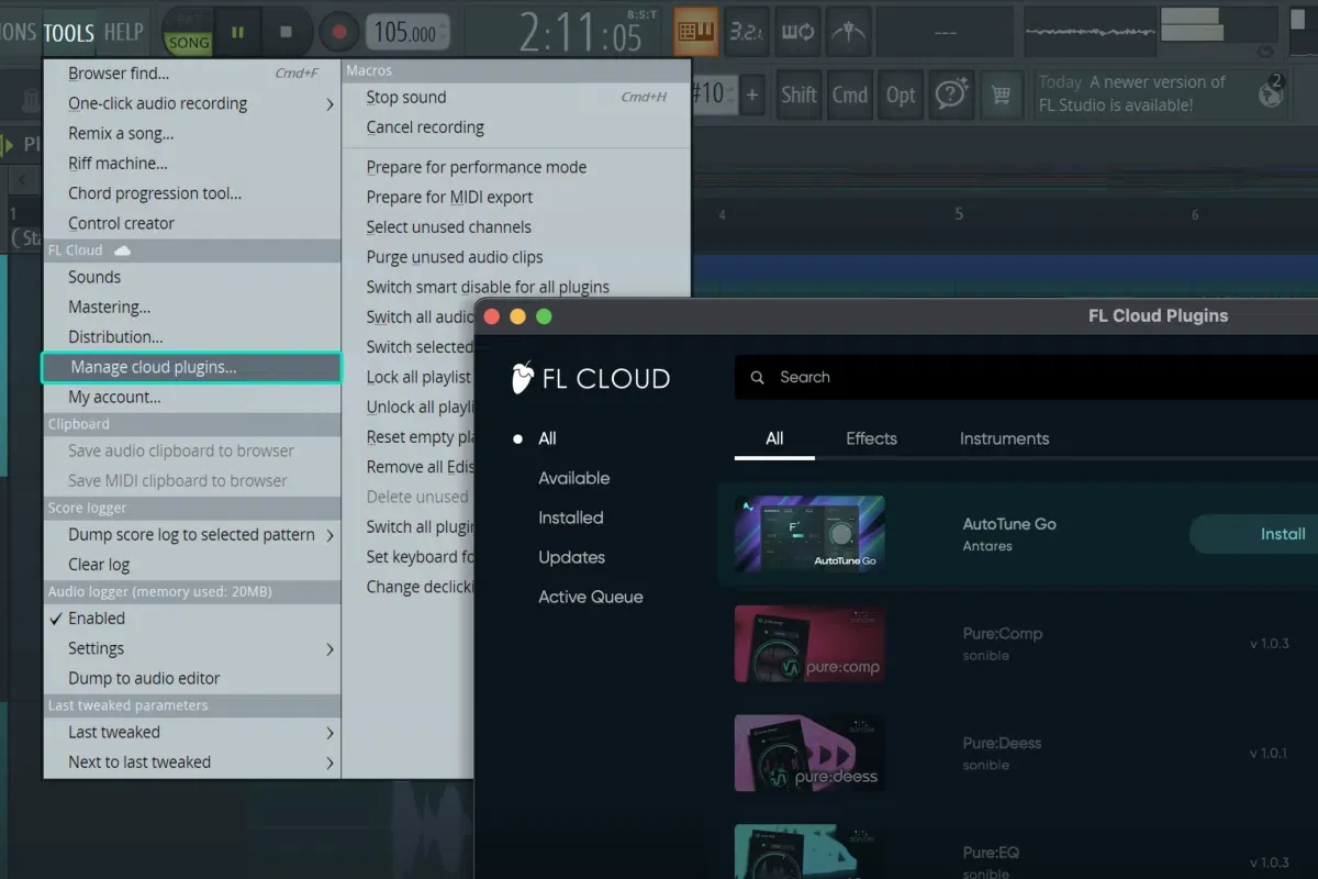 FL Studio 的 Manage Cloud Plugins 畫面顯示 AutoTune Go 安裝選項