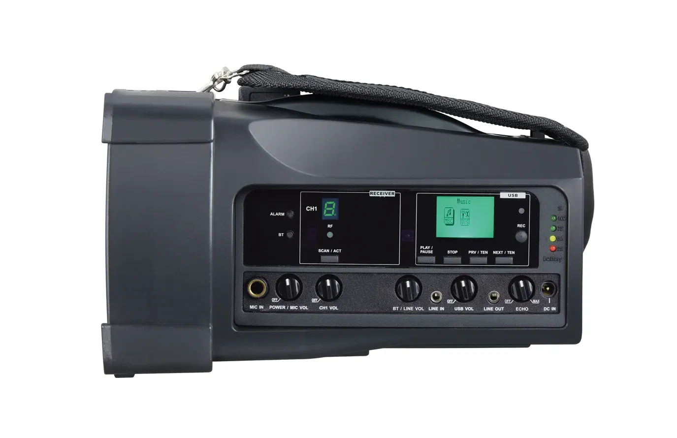 MIPRO MA-100 控制面板，可看到 RECEIVER 區的 CH1 頻道顯示器、SCAN／ACT 對頻鍵，以及下排的音量旋鈕