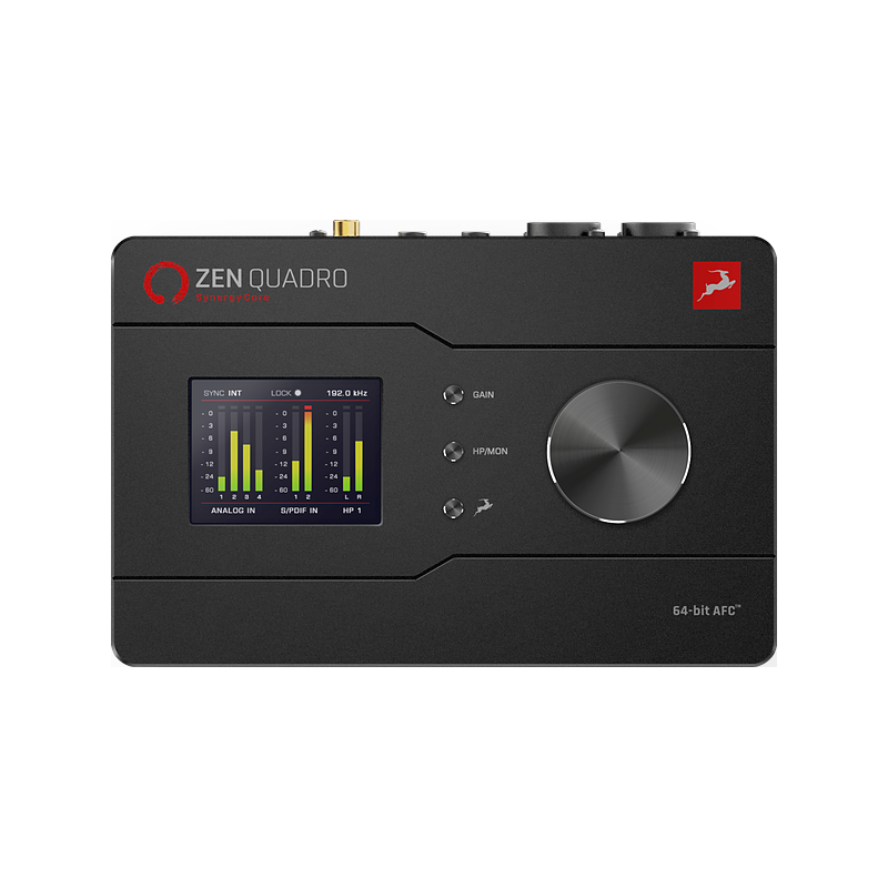 Zen Quadro 俯視圖：彩色螢幕顯示 ANALOG IN、S/PDIF IN 與 HP 1 的電平表，右邊是大旋鈕與三顆功能鍵