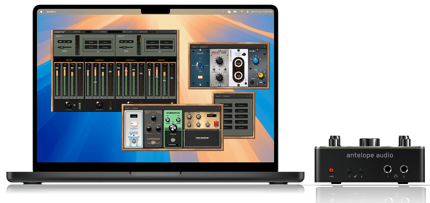 Zenith 2 的電腦端控制軟體畫面：混音推桿、Studio FX 的 500 系列風格介面、Guitar 模式的效果器踏板介面與 Presets 視窗