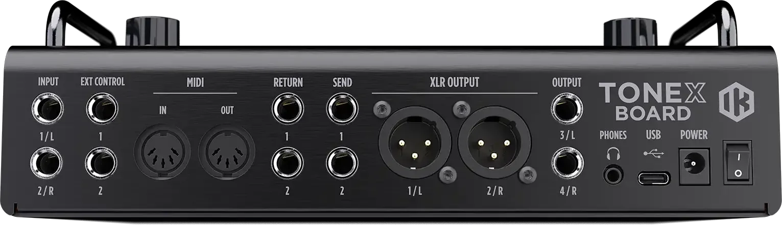 TONEX Board 背面接口：INPUT 1/L 與 2/R、兩個 EXT CONTROL、MIDI IN 與 OUT、SEND 與 RETURN、兩個 XLR 輸出、TRS 輸出 3/L 與 4/R、耳機孔、USB-C 與電源