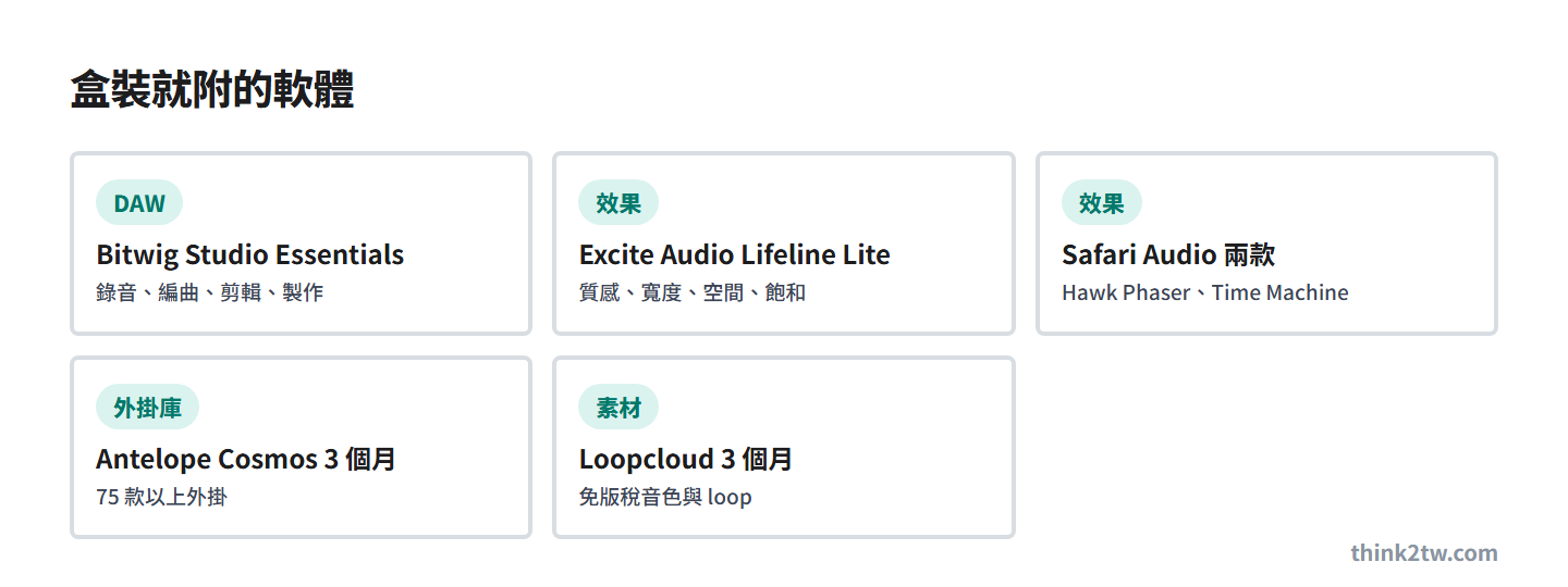 Zenith 2 隨附軟體：Bitwig Studio Essentials、Excite Audio Lifeline Lite、Safari Audio 兩款效果、Antelope Cosmos 3 個月、Loopcloud 3 個月