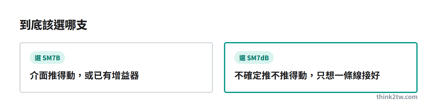 SM7B 與 SM7dB 怎麼選：介面推得動或已有增益器選 SM7B，不確定或想一條線接好選 SM7dB