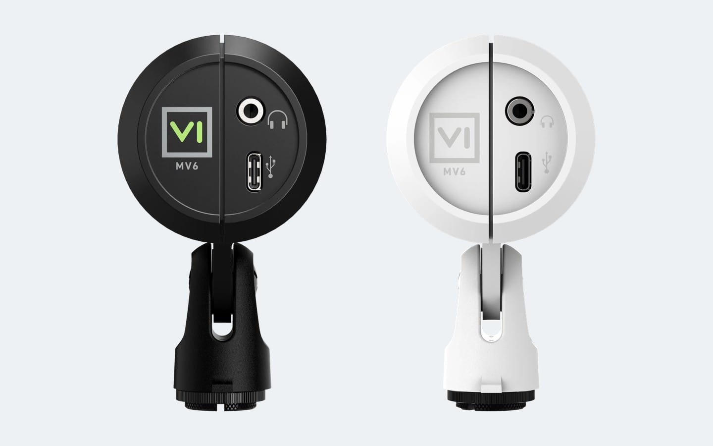 MV6 Gen 2 黑色與白色款的背面，上方是 3.5 mm 耳機孔，下方是 USB-C 接孔