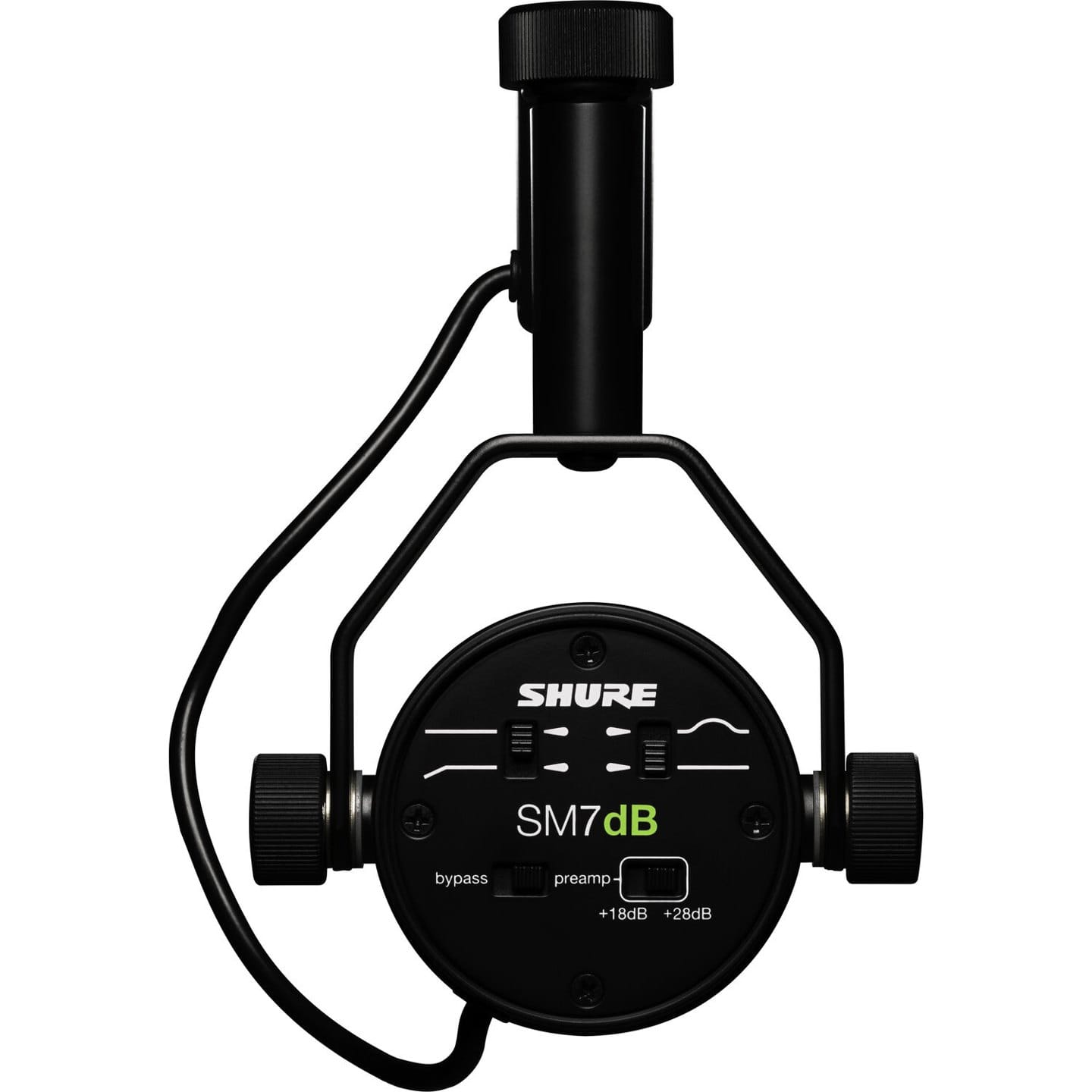 Shure SM7dB 背面,可以看到切換內建前級增益的開關,標有 +18 dB 與 +28 dB
