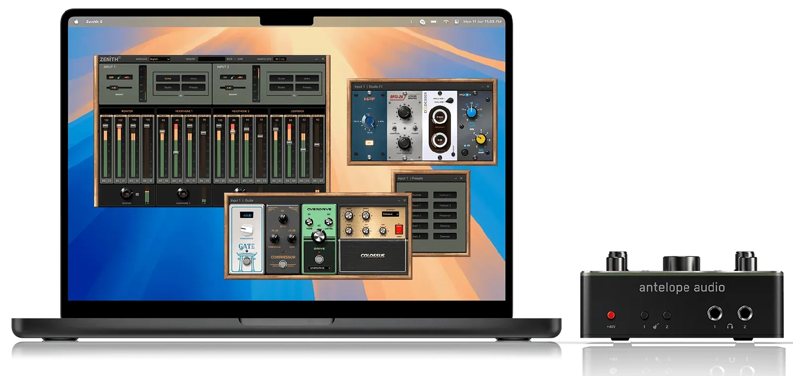 Zenith 2 的電腦端控制軟體畫面：混音推桿、Studio FX 的 500 系列風格介面、Guitar 模式的效果器踏板介面與 Presets 視窗