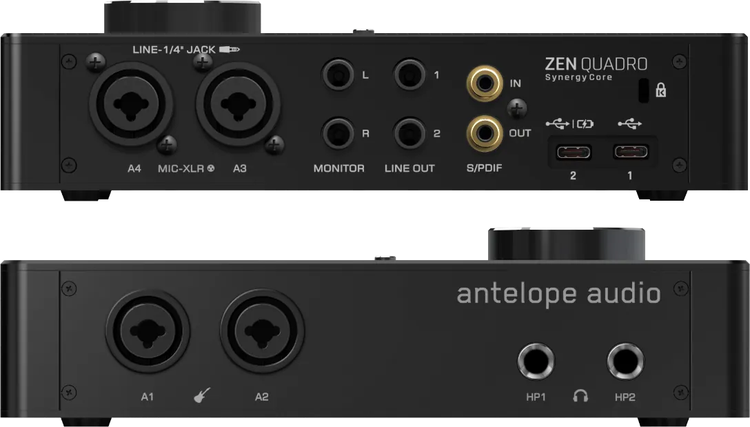Zen Quadro 前後面板:後方有兩組 combo 輸入、監聽與 line 輸出、S/PDIF、兩個 USB-C 埠;前方有兩組 combo 輸入與兩個耳機孔