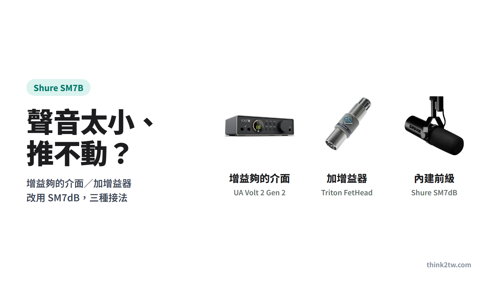 Shure SM7B 聲音太小怎麼辦封面：增益夠的介面、FetHead 增益器與 SM7dB