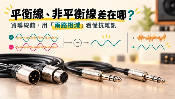 平衡線、非平衡線差在哪封面：XLR 卡農線與 6.3 mm TRS 導線，加上正反訊號相減的示意