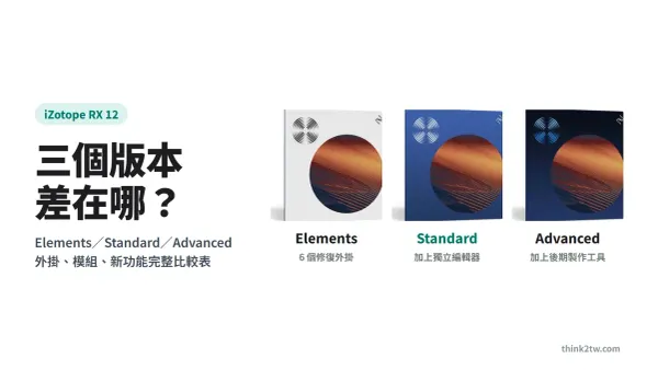 iZotope RX 12 Elements、Standard、Advanced 三個版本的包裝圖並列，標題「三個版本差在哪？」