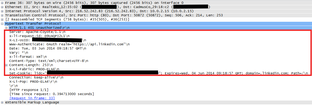 Wireshark capture of malformed HTTP headers