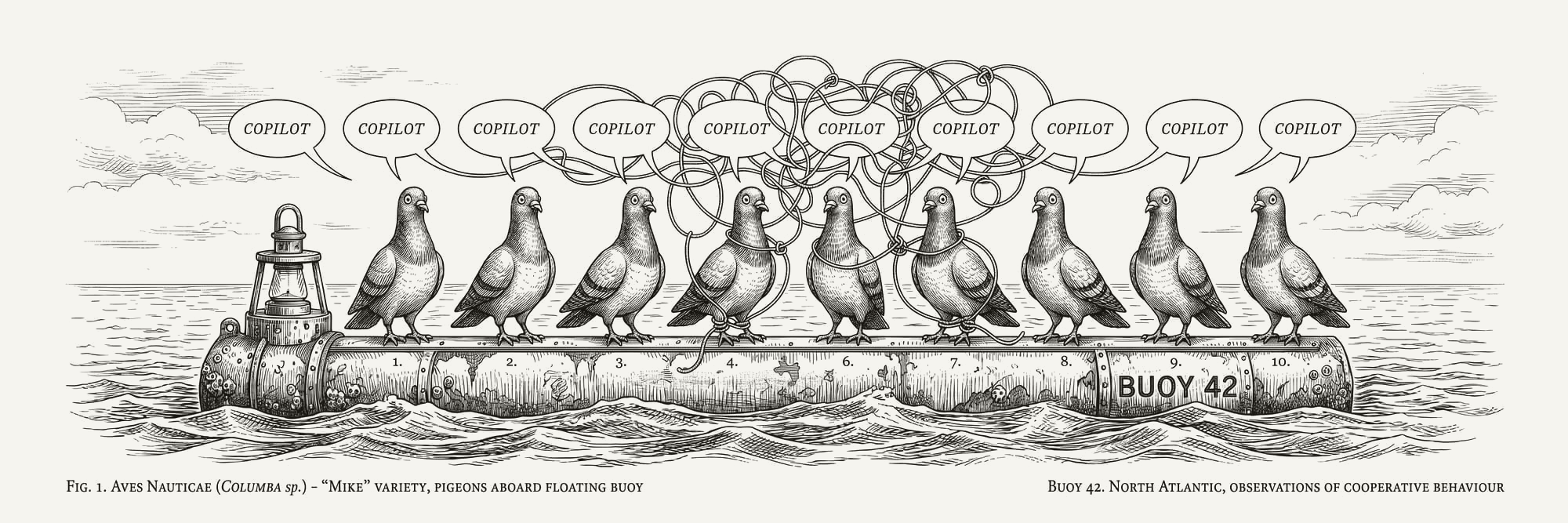 Identical pigeons on a boey all mumbling "Copilot"
