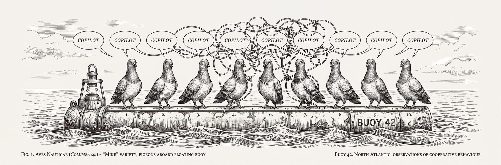 Identical pigeons on a boey all mumbling "Copilot"