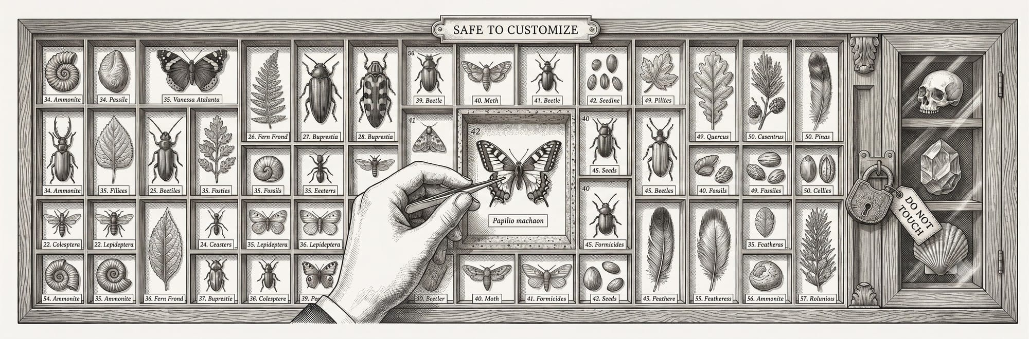 Engraved specimen board where a hand pins a new specimen into cells marked "Safe to Customize," with one panel at the right sealed behind a padlock tagged "Do Not Touch."