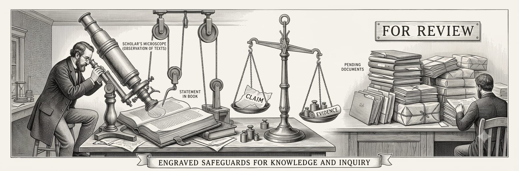 Engraved scene of two safeguards: a scholar checking a statement against a source book and balance scale, and a second figure bringing a "For Review" stamp down on a draft.