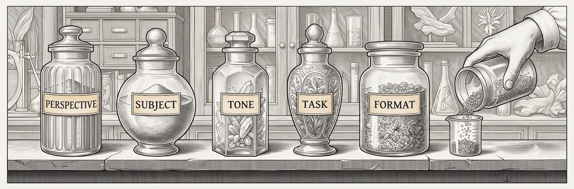 Engraved frieze of five apothecary specimen jars labelled Perspective, Subject, Tone, Task, and Format, their contents combining into a beaker at the right end.