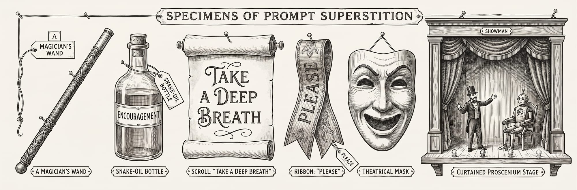Engraved display board of "prompt superstition" specimens (a magic wand, a snake-oil bottle marked "Encouragement," a "Take a deep breath" scroll, a "Please" ribbon) beside a small stage where a showman performs to an unimpressed automaton.