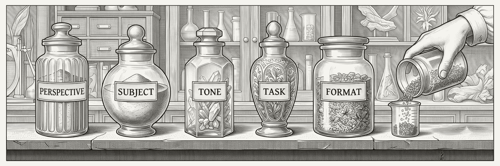 Engraved frieze of five apothecary specimen jars labeled Perspective, Subject, Tone, Task, and Format, their contents combining into a beaker at the right end.