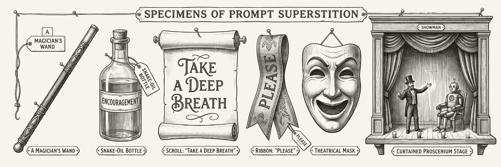  Engraved display board of "prompt superstition" specimens (a magic wand, a snake-oil bottle marked "Encouragement," a "Take a deep breath" scroll, a "Please" ribbon) beside a small stage where a showman performs to an unimpressed automaton.