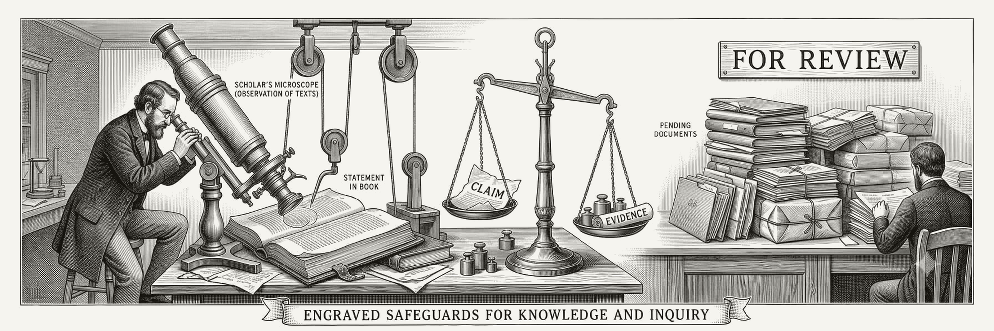Engraved scene of two safeguards: a scholar checking a statement against a source book and balance scale, and a second figure bringing a "For Review" stamp down on a draft.