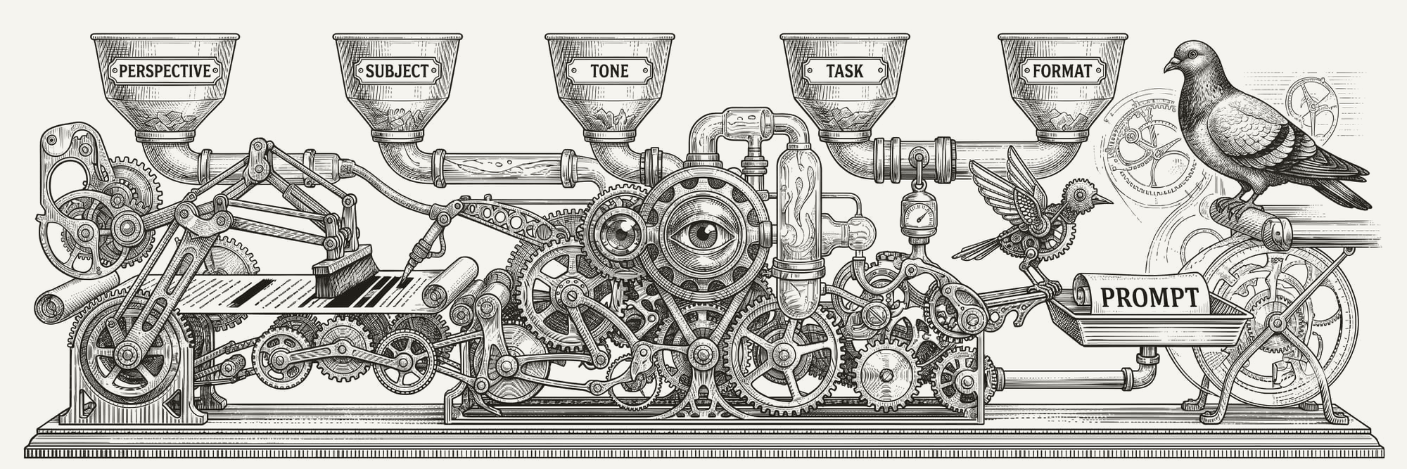 Engraved Victorian machine with five input hoppers (Perspective, Subject, Tone, Task, Format) feeding through gears and tubes into a single output scroll marked "Prompt."