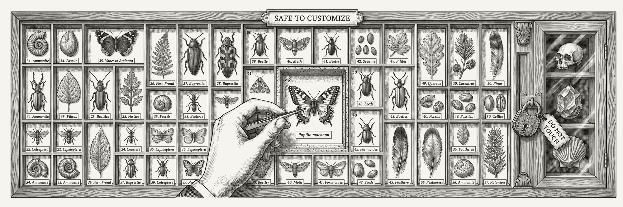 Engraved specimen board where a hand pins a new specimen into cells marked "Safe to Customize," with one panel at the right sealed behind a padlock tagged "Do Not Touch."