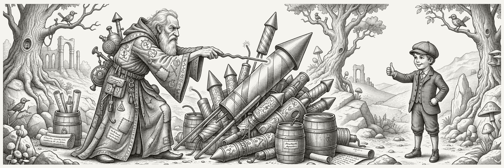 Antique engraving of an old wizard aiming a wand at a heap of oversized fireworks while a boy gives an approving thumbs up from a safe distance.
