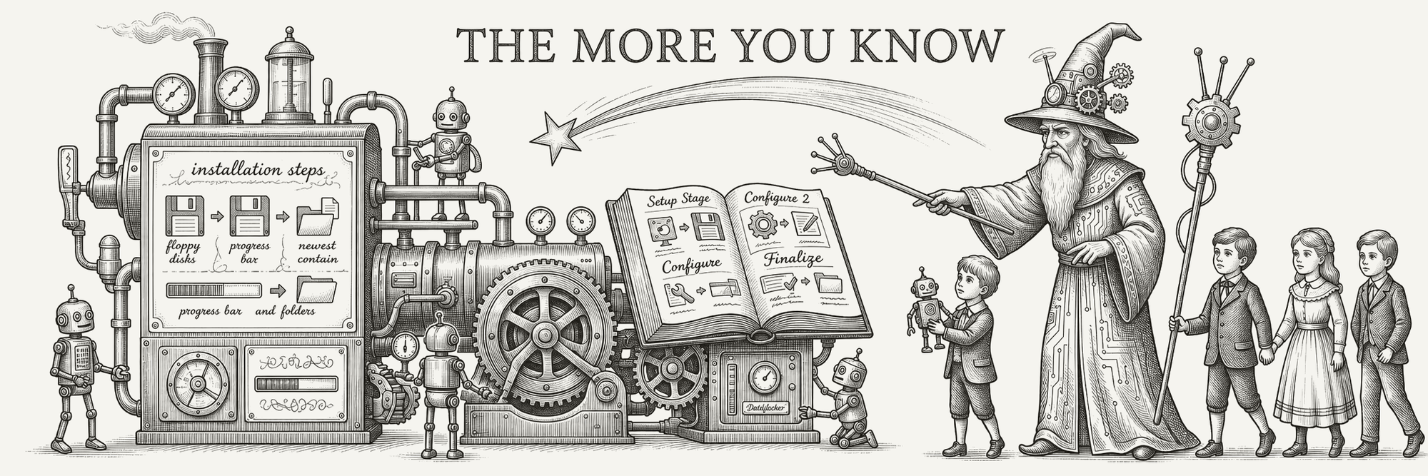 Antique engraving of a robed wizard walking children and small robots through a giant open instruction manual, one page at a time, beside a machine labelled Installation Steps.