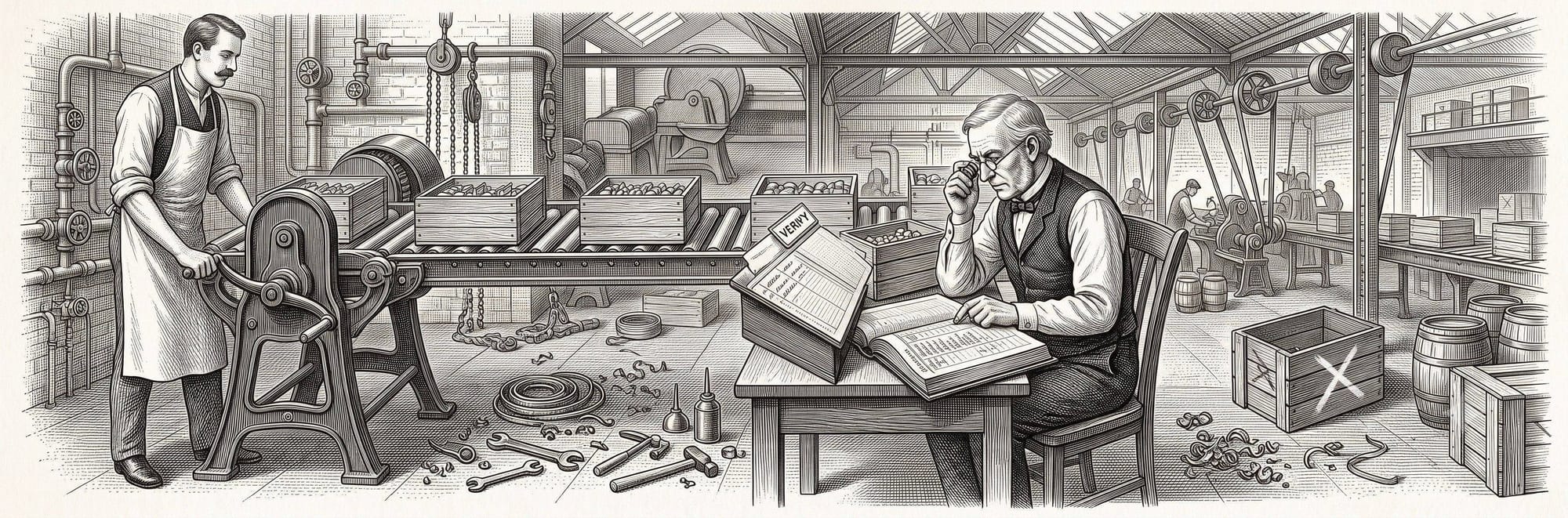 Engraving of an inspector checking crates on a conveyor against a ledger, one crate rejected.