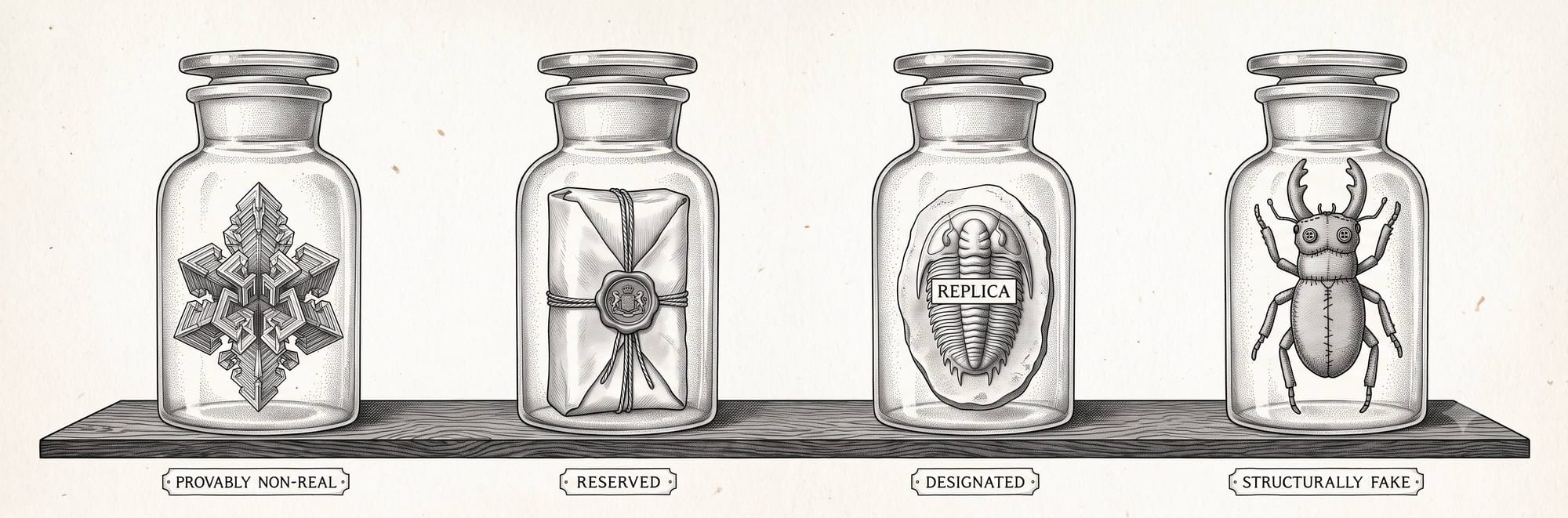 Engraving of four specimen jars in a row, each labeled with one of SafeSeed's honesty tiers.
