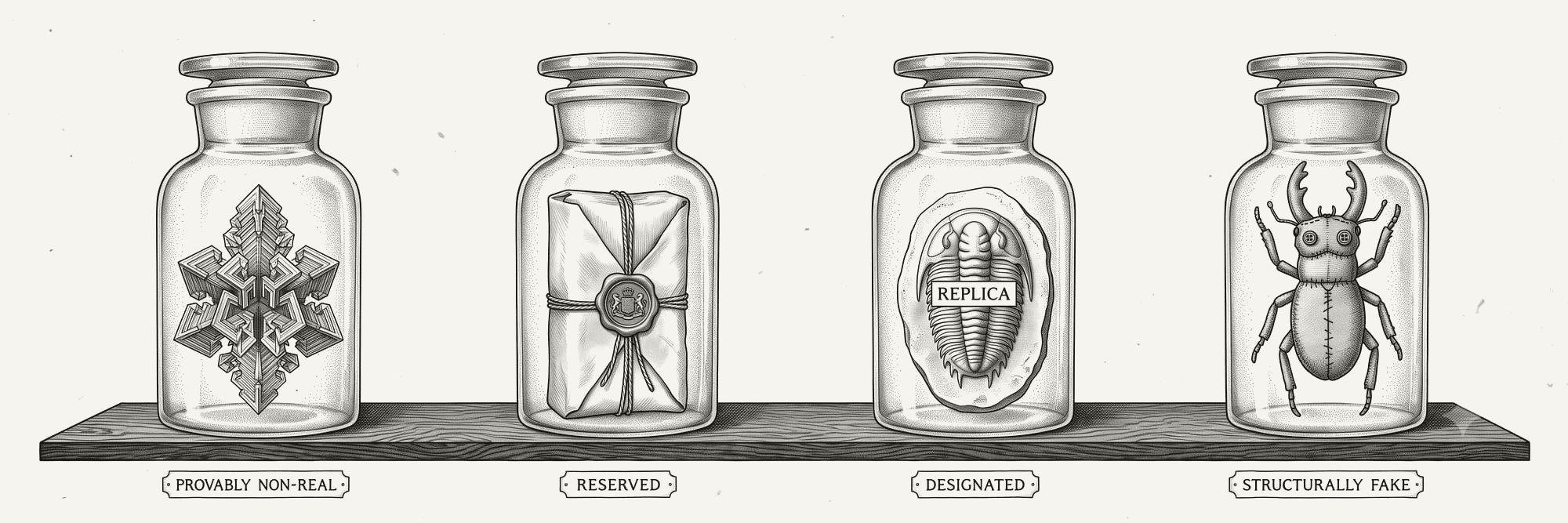 Engraving of four specimen jars in a row, each labeled with one of SafeSeed's honesty tiers.