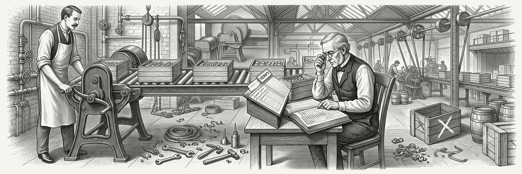 Engraving of an inspector checking crates on a conveyor against a ledger, one crate rejected.